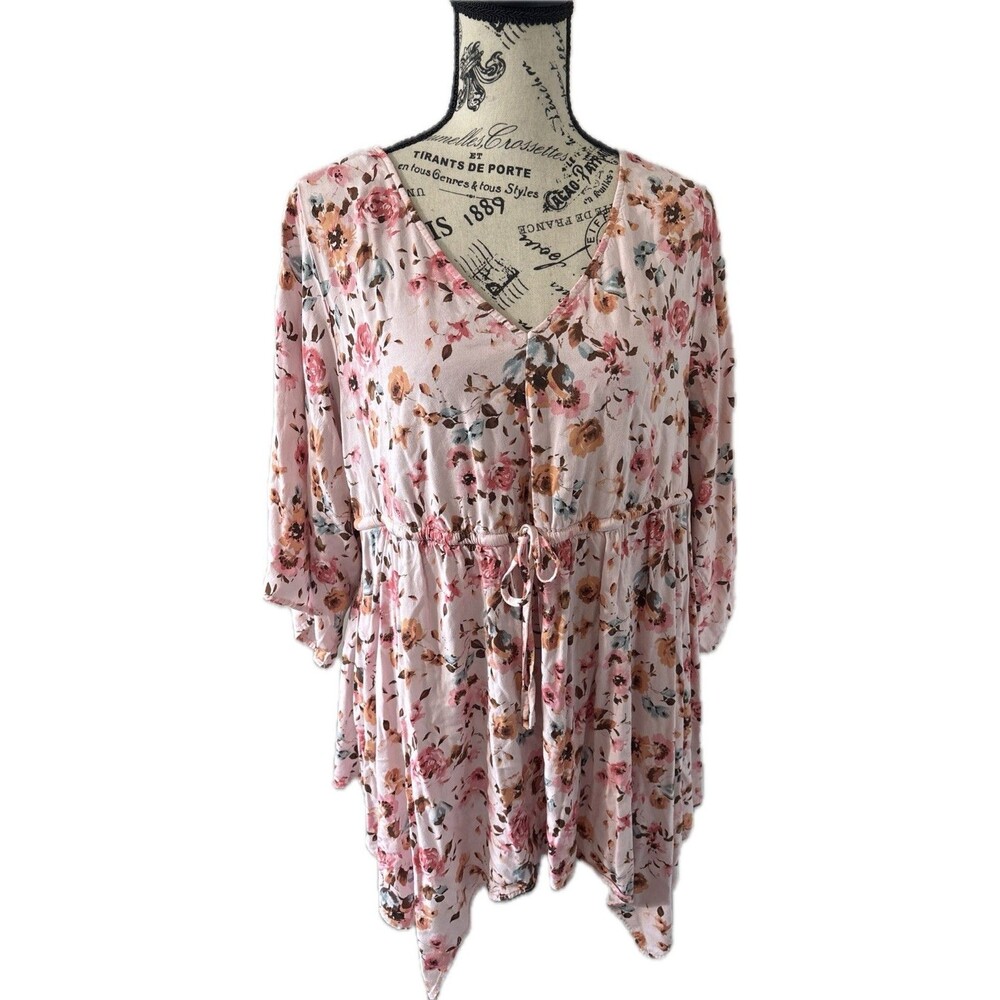 torrid Pink Floral Crisscross-Back Long Sleeve Tunic 1 XL Cottagecore Soft Girl